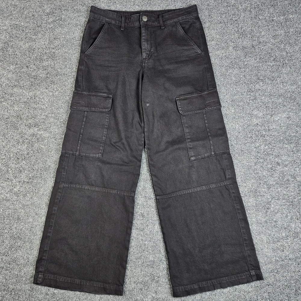 American Eagle High Rise Baggy Wide Leg Cargo Jeans Womens 6 SHORT Stretch Black